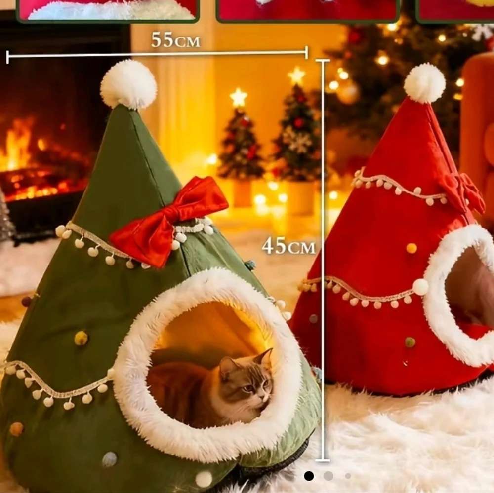Festive Green Christmas Tree Heated  Pet Bed